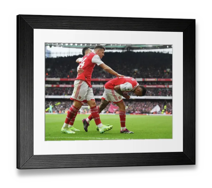 Framed Print : Arsenal's Gabriel Jesus and Granit Xhaka: Triumphant Goal Celebration vs. Leeds United, April 2023