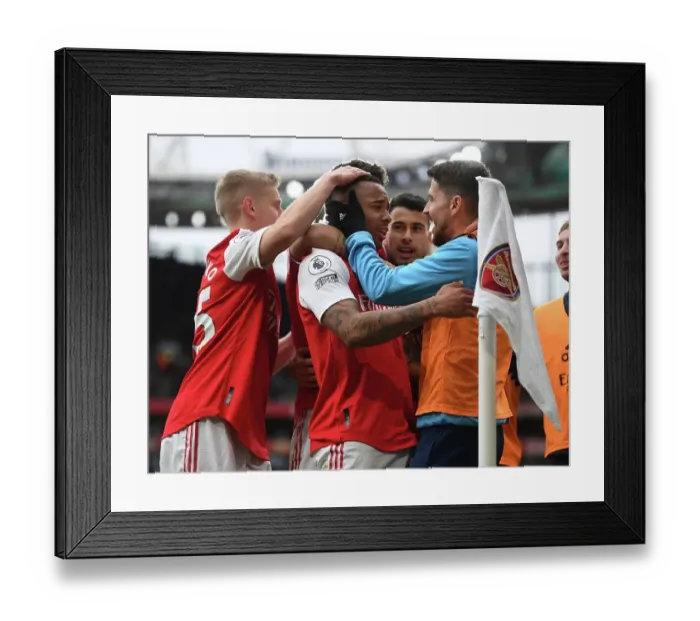 Framed Print : Arsenal's Historic Triumph: Jesus, Jorginho, Zinchenko Celebrate Goal vs. Leeds United (2022-23)