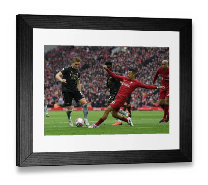 Framed Print : Clash of Titans: Martin Odegaard vs. Thiago Alcantara - Liverpool vs. Arsenal, Premier League 2022-23