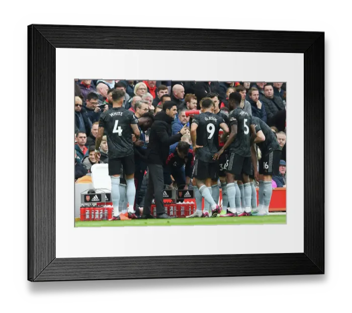Framed Print : Arsenal Manager Mikel Arteta Rallies Team at Anfield During Liverpool Clash (2022-23 Premier League)