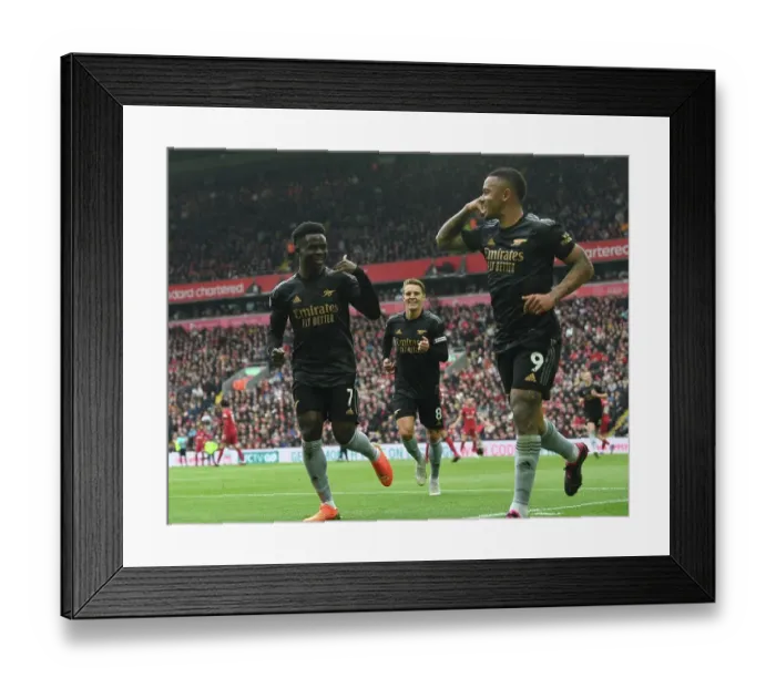 Framed Print : Gabriel Jesus and Bukayo Saka Celebrate Arsenal's Goals Against Liverpool in the 2022-23 Premier League