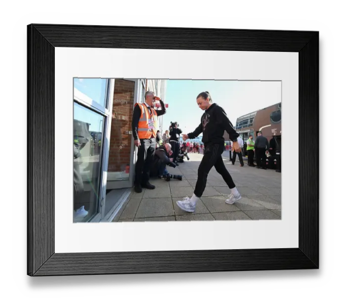 Framed Print : Arsenal Women's Squad Arrives at Leigh Sports Village Ahead of Manchester United Clash - FA Women's Super League 2022-23