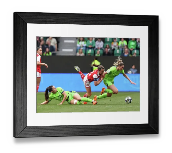 Framed Print : Arsenal vs. VfL Wolfsburg: A Battle in the UEFA Women's Champions League Semi-Finals