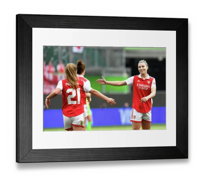 Framed Print : Arsenal Celebrate Second Goal in UEFA Women's Champions League Semi-Final First Leg Against VfL Wolfsburg