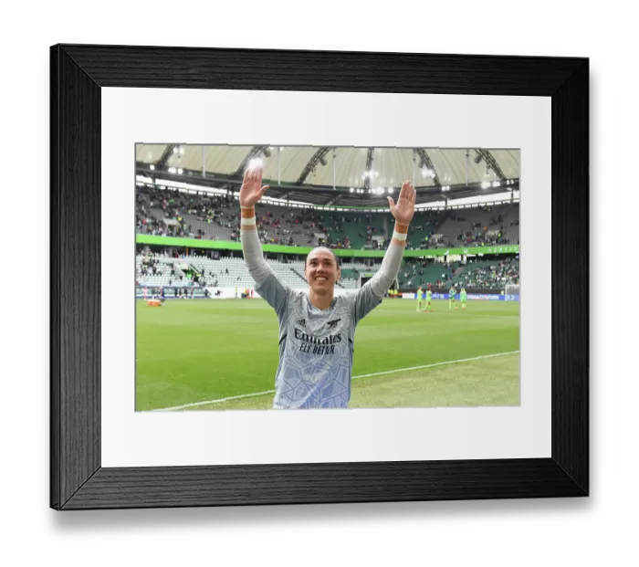 Framed Print : Manuela Zinsberger's Euphoric Moment: Arsenal Women's UEFA Champions League Semi-Final Triumph over VfL Wolfsburg