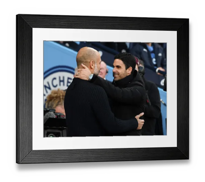 Framed Print : Manchester Rivalry: Arteta and Guardiola Embrace Before Arsenal-City Showdown (Premier League 2022-23)