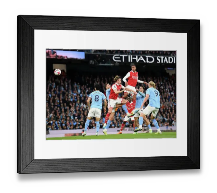 Framed Print : Gabriel Leaps for the Ball: Manchester City vs. Arsenal, Premier League 2022-23 Framed Print : Gabriel Leaps for the Ball: Manchester City vs. Arsenal, Premier League 2022-23