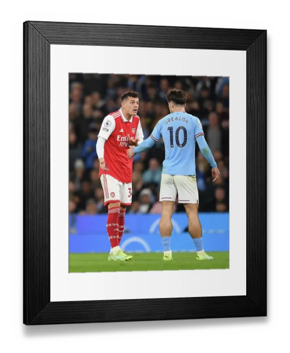 Framed Print : Xhaka and Grealish: A Moment of Sportsmanship Amidst Manchester City vs. Arsenal Rivalry (2022-23)