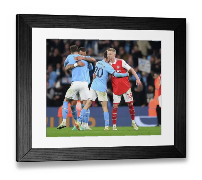 Framed Print : Manchester Rivalry: Zinchenko Embraces Silva After Intense Arsenal-Man City Clash (Premier League 2022-23)