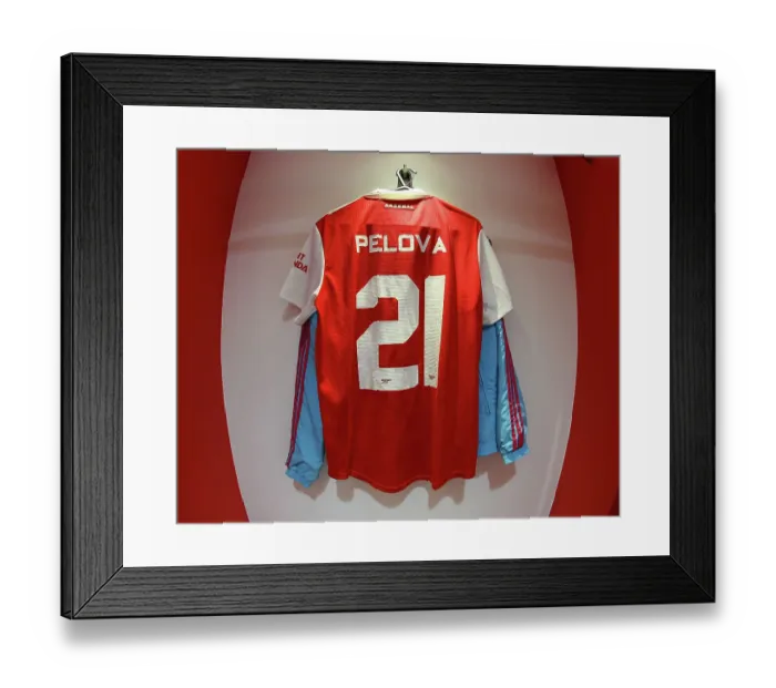 Framed Print : Arsenal Women's Pre-Match Focus: Victoria Pelova's Shirt in the Dressing Room (UEFA Champions League Semifinal 2nd Leg)