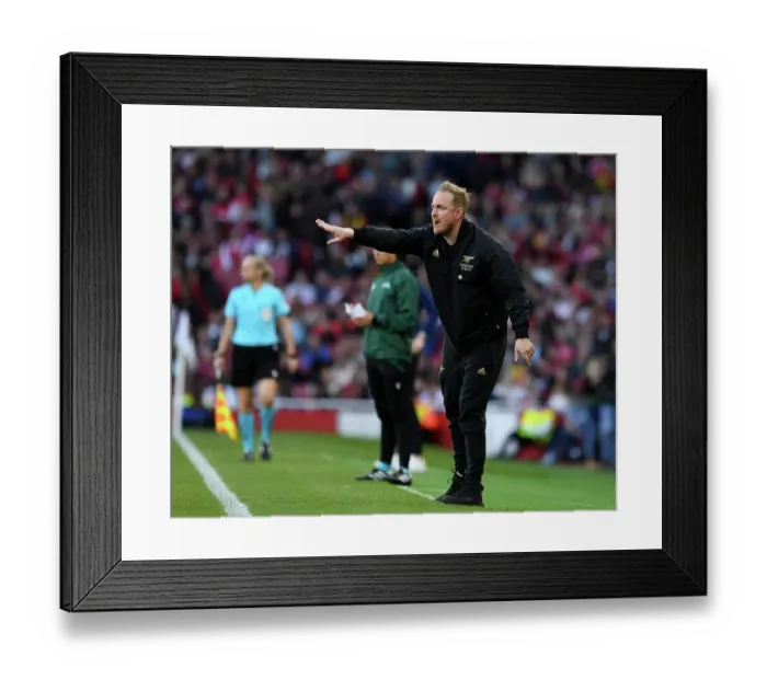 Framed Print : Arsenal Women's Coach Jonas Eidevall Reacts in UEFA Champions League Semifinal vs VfL Wolfsburg