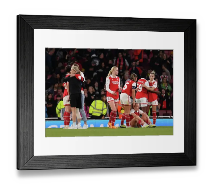 Framed Print : Arsenal Women's Heartbreak: Lotte Wubben-Moy Consoled by Vivianne Miedema and Leah Williamson after Semifinal Defeat to VfL Wolfsburg Framed Print : Arsenal Women's Heartbreak: Lotte Wubben-Moy Consoled by Vivianne Miedema and Leah Williamson after Semifinal Defeat to VfL Wolfsburg