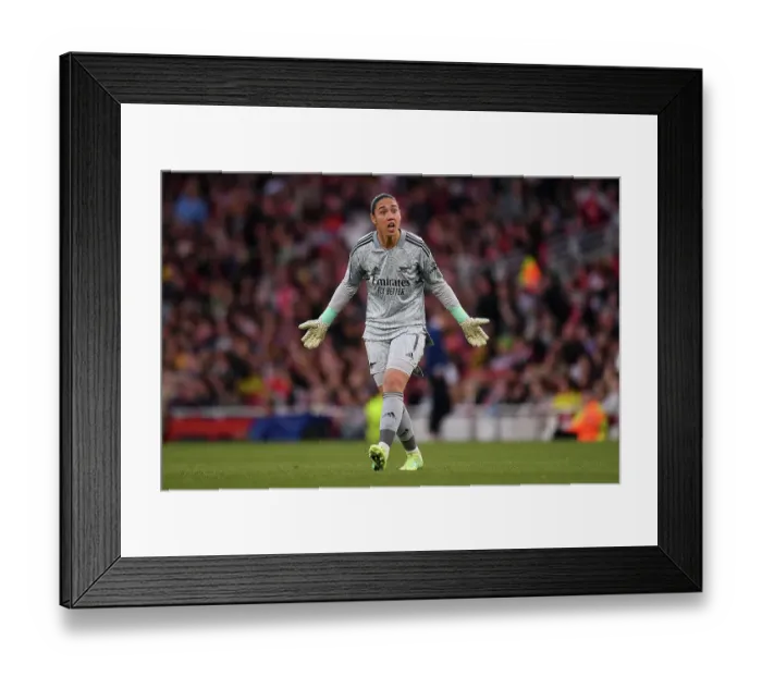 Framed Print : Arsenal Women vs. VfL Wolfsburg: Manuela Zinsberger Engages Fans in UEFA Champions League Semifinal at Emirates Stadium (2022-23)