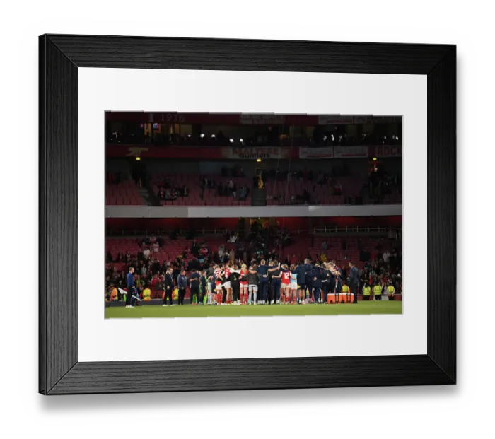 Framed Print : Arsenal Women's Champions League Semifinal: Huddle in the Emirates Stadium After a Hard-Fought Match Against VfL Wolfsburg