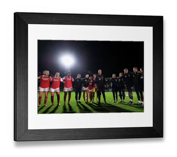 Framed Print : Arsenal Women's Team: Head Coach Jonas Eidevall Motivates Players After Arsenal v Leicester City Match, FA Women's Super League 2022-23