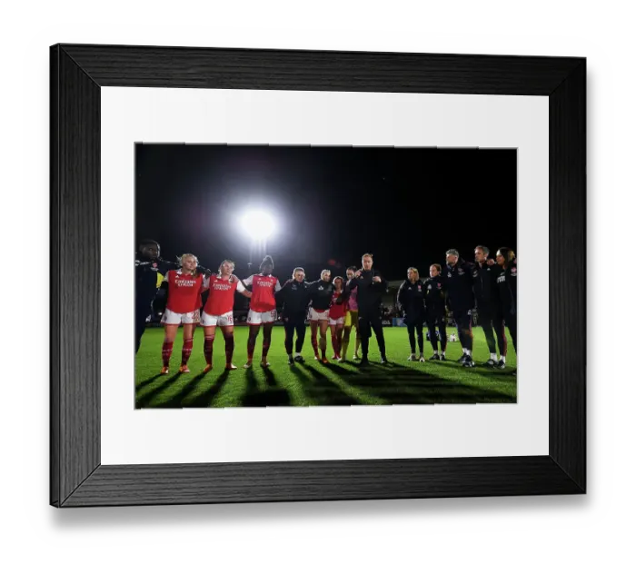 Framed Print : Arsenal Women's Team: Jonas Eidevall Rallies Players after Arsenal v Leicester City Match
