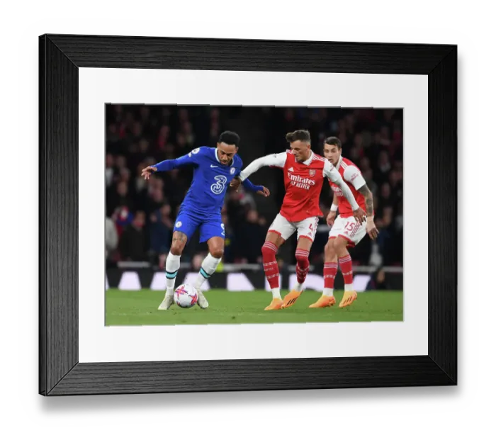 Framed Print : Intense Rivalry: White vs. Aubameyang - Arsenal vs. Chelsea's Epic Showdown (Premier League 2022-23)