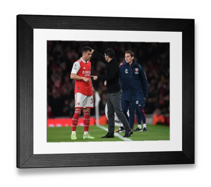 Framed Print : Arsenal Manager Mikel Arteta with Granit Xhaka: Arsenal FC vs Chelsea FC, Premier League 2022-23