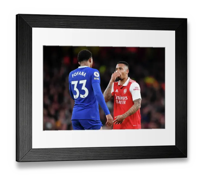 Framed Print : Arsenal's Gabriel Jesus Engages in a Conversation with Chelsea's Wesley Fofana during the 2022-23 Premier League Clash at Emirates Stadium
