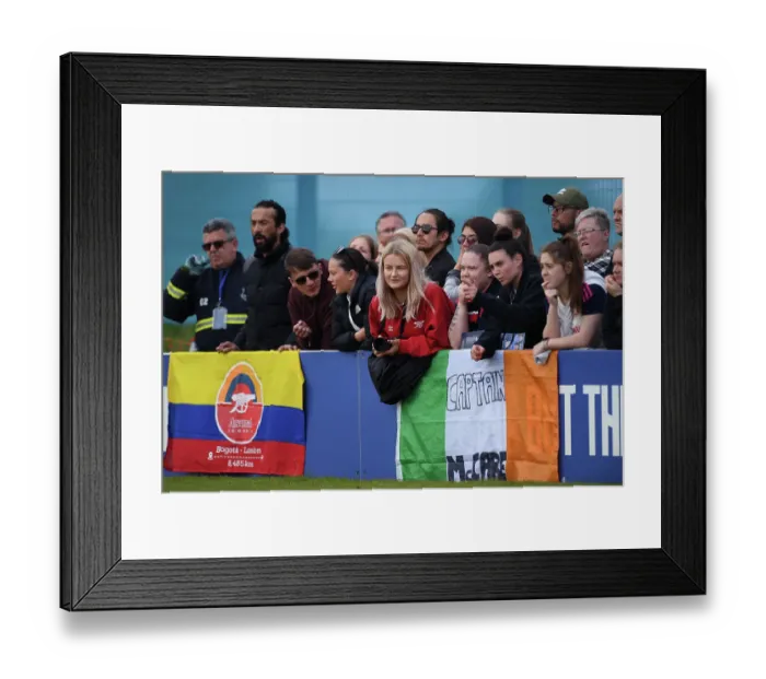Framed Print : Arsenal Fans Unwavering Support: Katie McCabe Flag Wave at Everton vs Arsenal Women's Super League Match, Liverpool 2023