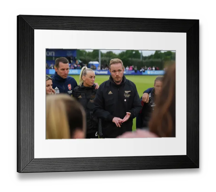 Framed Print : Arsenal Celebrate Victory: Jonas Eidevall Leads Team Huddle after Everton Clash in FA Women's Super League