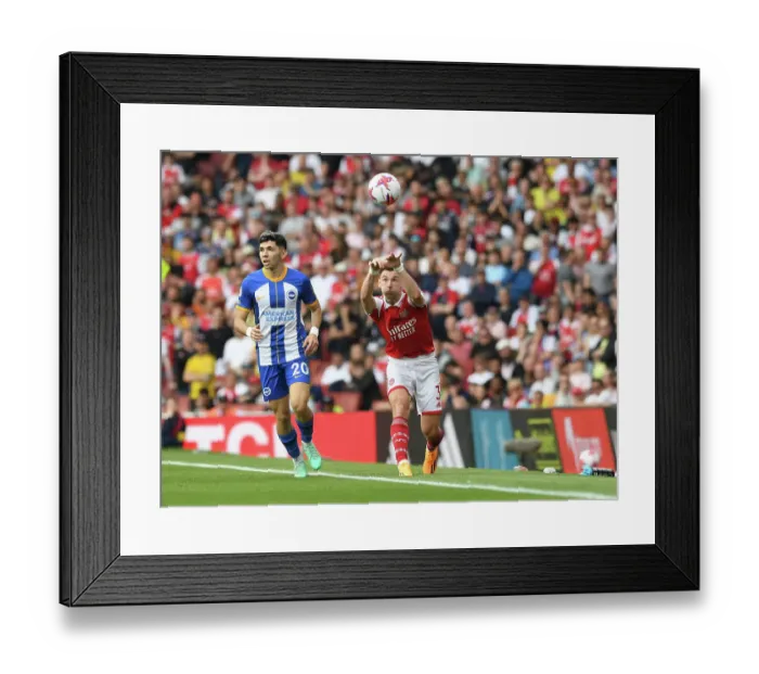 Framed Print : Arsenal's Kieran Tierney Throws In: Arsenal vs Brighton, Premier League 2022-23