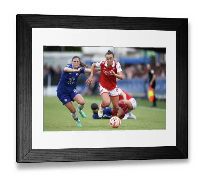 Framed Print : Caitlin Foord vs. Maren Mjelde: Intense Battle in Chelsea Women vs. Arsenal Women's Super League Match Framed Print : Caitlin Foord vs. Maren Mjelde: Intense Battle in Chelsea Women vs. Arsenal Women's Super League Match