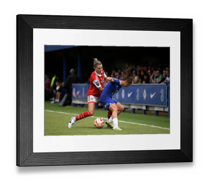 Framed Print : Steph Catley Tackles Eve Perisset: Chelsea vs. Arsenal, FA Women's Super League 2022-23