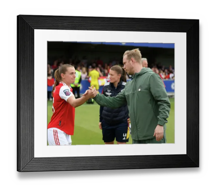 Framed Print : Arsenal Women vs. Chelsea Women: Eidevall and Maritz Share a Moment After FA Super League Clash