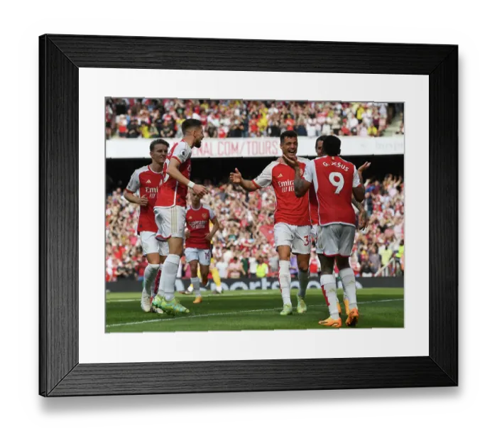 Framed Print : Arsenal's Xhaka and Jesus Celebrate First Goal Against Wolverhampton Wanderers (2022-23) Framed Print : Arsenal's Xhaka and Jesus Celebrate First Goal Against Wolverhampton Wanderers (2022-23)