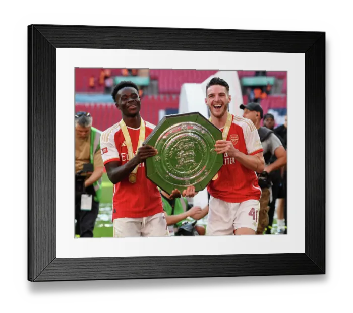 Framed Print : Arsenal's Saka and Rice Celebrate FA Community Shield Victory over Manchester City