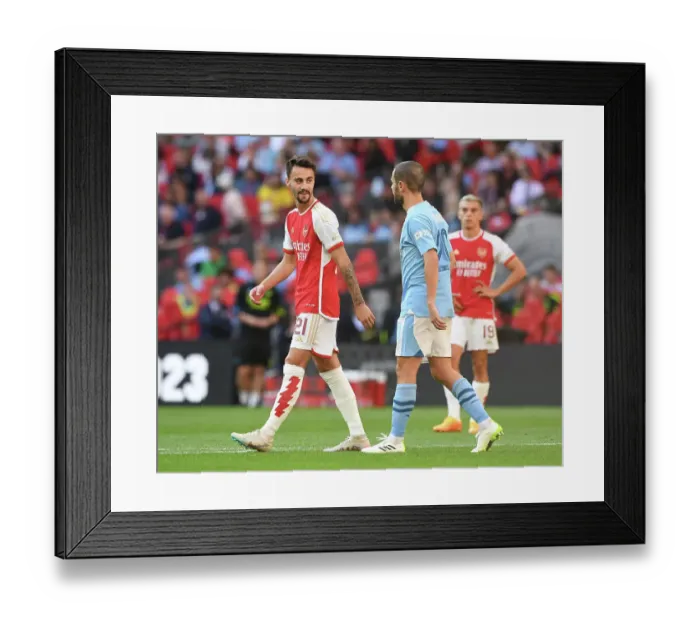 Framed Print : Arsenal's Fabio Vieira and Manchester City's Bernardo Silva Engage in a Chat Amidst Community Shield Tension (2023-24)