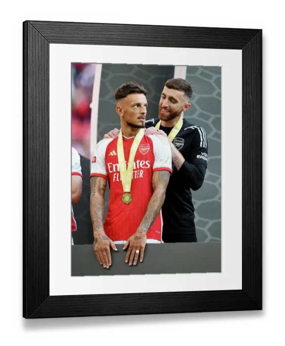 Framed Print : Arsenal's Penalty Heroes: Ben White and Matt Turner Celebrate Community Shield Victory