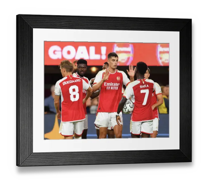 Framed Print : Arsenal vs. FC Barcelona: Kai Havertz and Bukayo Saka Celebrate Goals in Pre-Season Friendly at SoFi Stadium (2023) Framed Print : Arsenal vs. FC Barcelona: Kai Havertz and Bukayo Saka Celebrate Goals in Pre-Season Friendly at SoFi Stadium (2023)