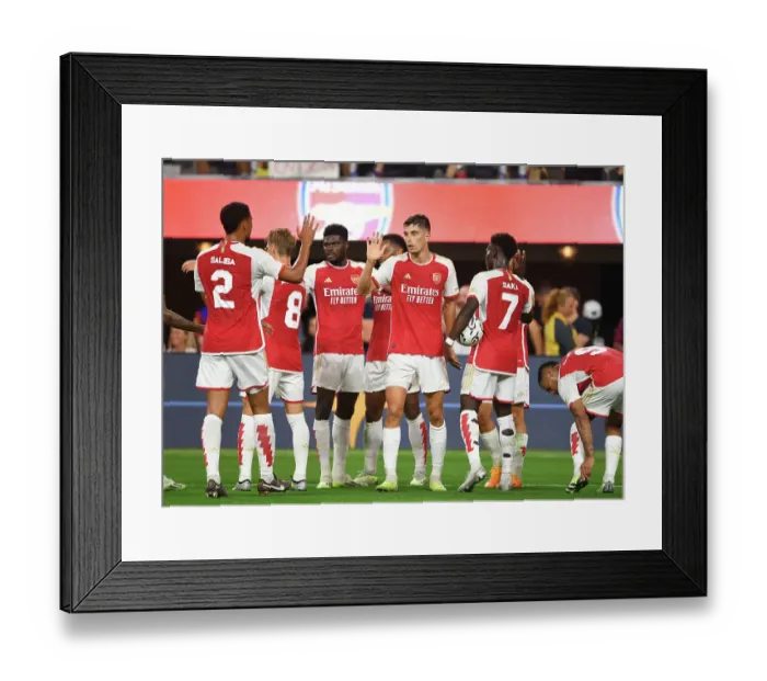 Framed Print : Havertz and Saka's Thrilling Goal Celebration: Arsenal vs. FC Barcelona at SoFi Stadium (2023)