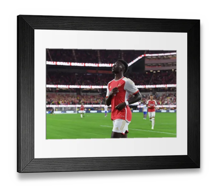 Framed Print : Bukayo Saka Scores Historic First Goal for Arsenal Against FC Barcelona at SoFi Stadium (2023)