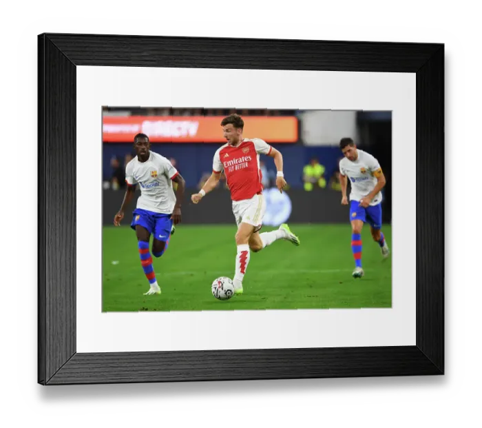Framed Print : Tierney's Unforgettable Showdown: Arsenal's Star Full-Back Shines Against FC Barcelona at SoFi Stadium (2023 Pre-Season)