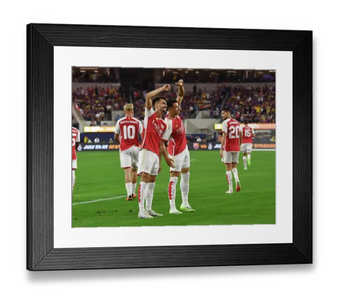 Framed Print : Arsenal's Five-Goal Blitz: Fabio Vieira and Gabriel Martinelli Celebrate against FC Barcelona (2023-24 Pre-Season Friendly) Framed Print : Arsenal's Five-Goal Blitz: Fabio Vieira and Gabriel Martinelli Celebrate against FC Barcelona (2023-24 Pre-Season Friendly)