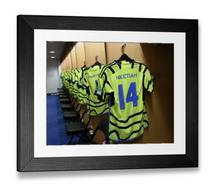 Framed Print : Arsenal FC: Eddie Nketiah's Jersey in Arsenal Changing Room before Arsenal vs Manchester United Pre-Season Friendly, 2023 Framed Print : Arsenal FC: Eddie Nketiah's Jersey in Arsenal Changing Room before Arsenal vs Manchester United Pre-Season Friendly, 2023