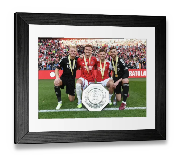Framed Print : Arsenal's Defenders Celebrate at the FA Community Shield: Manchester City vs. Arsenal (2023-24)