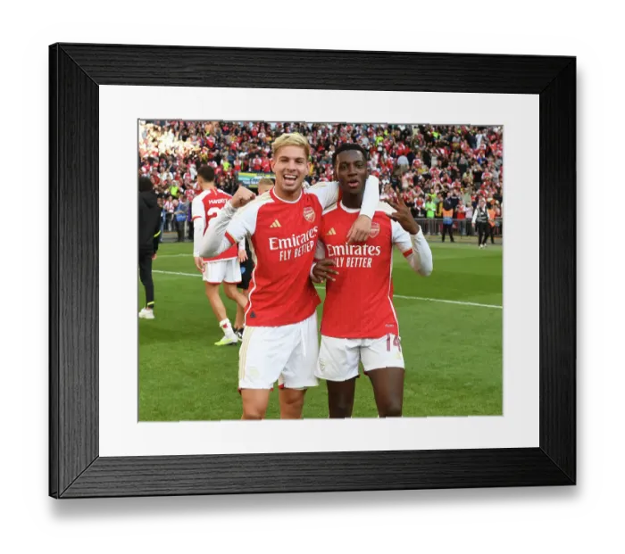Framed Print : Arsenal's Smith Rowe and Nketiah Celebrate at 2023 Community Shield Win Against Manchester City