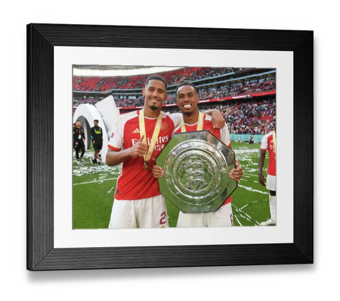 Framed Print : Arsenal's Defenders Saliba and Gabriel Celebrate after Community Shield Loss to Manchester City, 2023-24