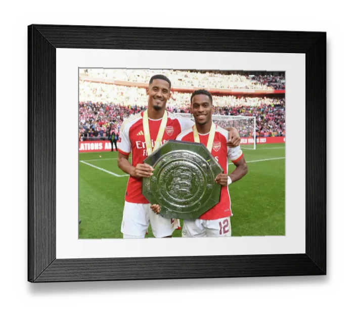 Framed Print : Arsenal's Saliba and Timber Celebrate at 2023 Community Shield Against Manchester City