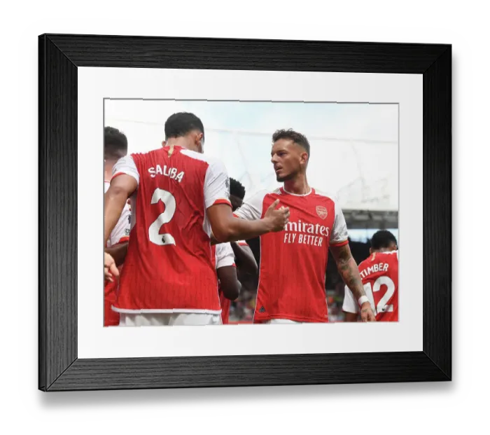 Framed Print : Arsenal Celebrate First Goal: Saliba, White, and Nketiah vs. Nottingham Forest (2023-24)