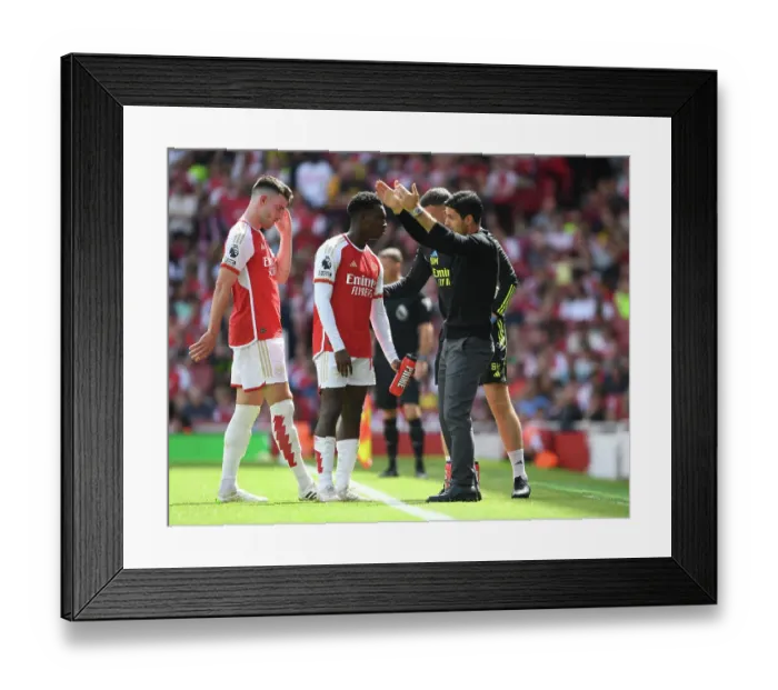 Framed Print : Arsenal Manager Mikel Arteta Conferencing with Declan Rice and Eddie Nketiah during Arsenal vs Nottingham Forest (2023-24) Framed Print : Arsenal Manager Mikel Arteta Conferencing with Declan Rice and Eddie Nketiah during Arsenal vs Nottingham Forest (2023-24)