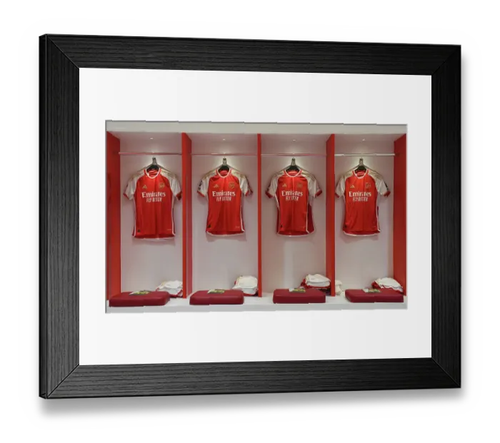 Framed Print : Arsenal FC: Match Shirts in Emirates Stadium Changing Room (Arsenal v Fulham, 2023-24)