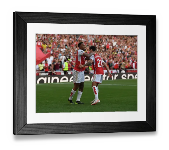 Framed Print : Arsenal's Triumph: Jesus and Vieira Celebrate Third Goal Against Manchester United (2023-24) Framed Print : Arsenal's Triumph: Jesus and Vieira Celebrate Third Goal Against Manchester United (2023-24)