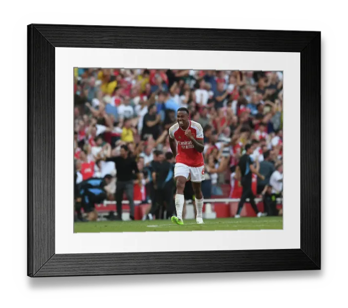 Framed Print : Arsenal's Triumph: Magalhaes Celebrates Third Goal Against Manchester United (2023-24) Framed Print : Arsenal's Triumph: Magalhaes Celebrates Third Goal Against Manchester United (2023-24)