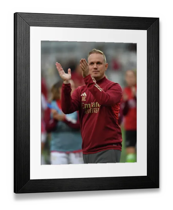 Framed Print : Arsenal Women's UEFA Champions League Debut: Jonas Eidevall Celebrates First Win Against Linkopings FC in Sweden