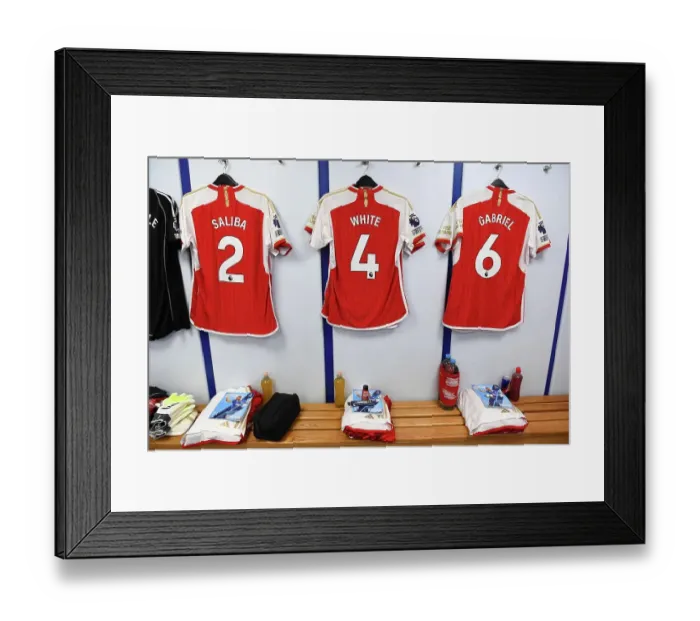 Framed Print : Arsenal Dressing Room: Saliba, White, and Gabriel Prepare for Everton Clash (2023-24) Framed Print : Arsenal Dressing Room: Saliba, White, and Gabriel Prepare for Everton Clash (2023-24)